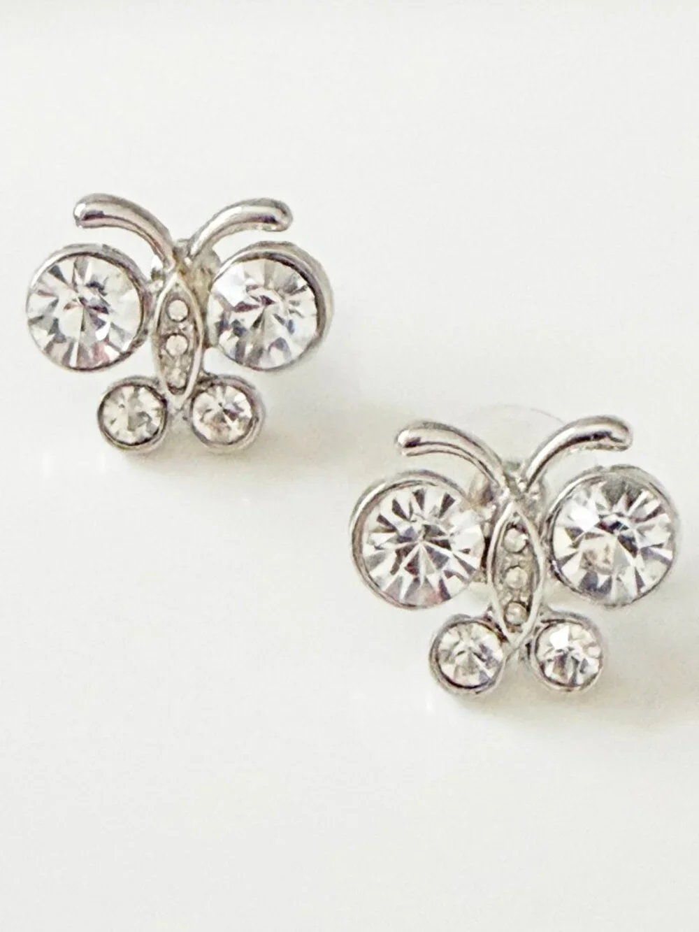 Vintage Style Silver Tone Crystal Rhinestone Butterfly Stud Earrings